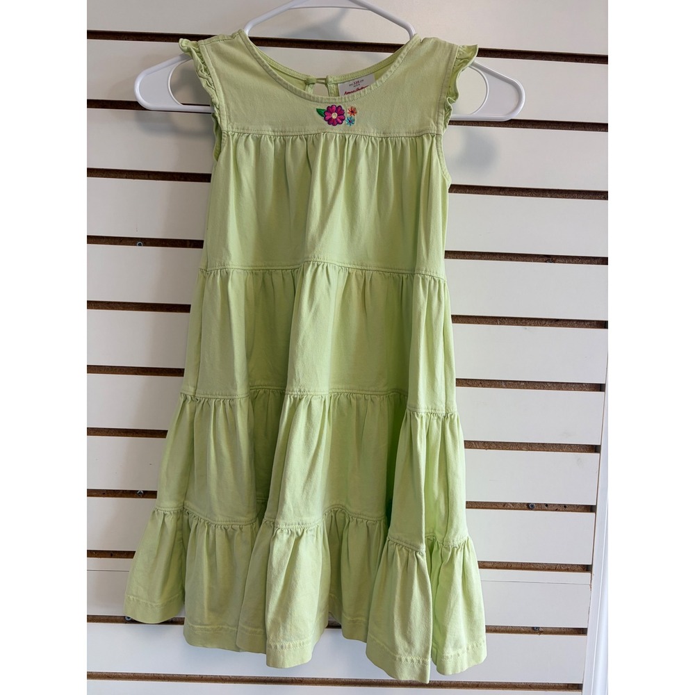 Hanna Andersson Lime Green Tiered Cotton‎ Dress Floral Embroidery Size 110 5-6